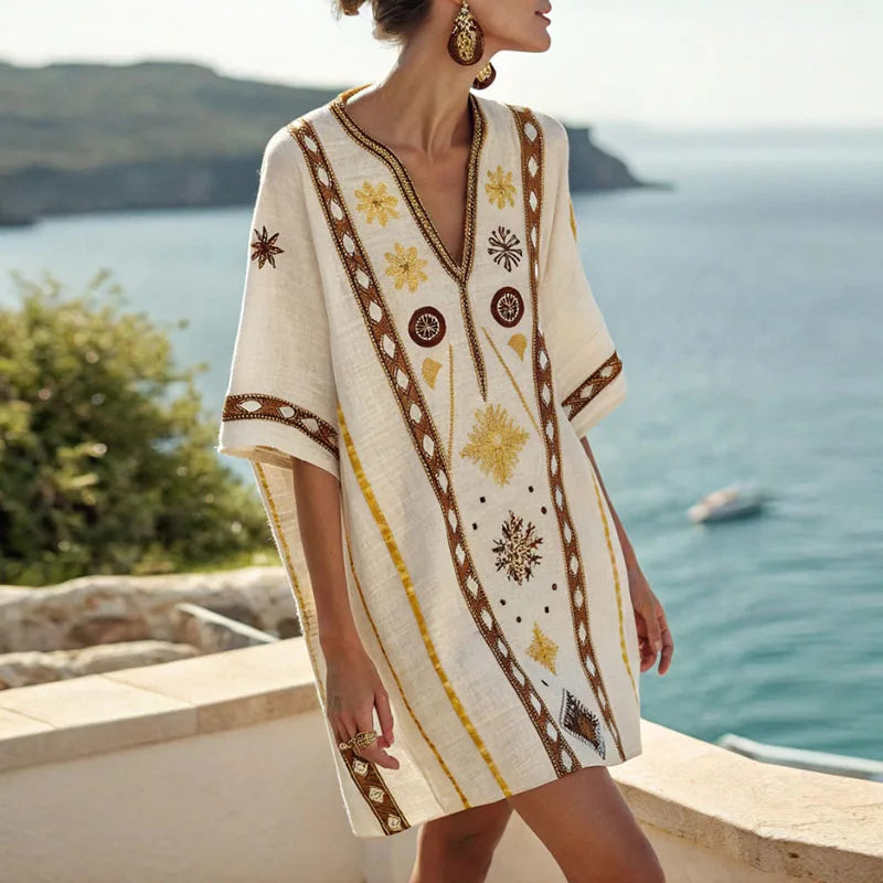 beach dress elegant Vera utcoco Women's Flowy Denim This elegant cream tiered RzStyle: Blue Leopard Button Detail Dress Size:SZ 4