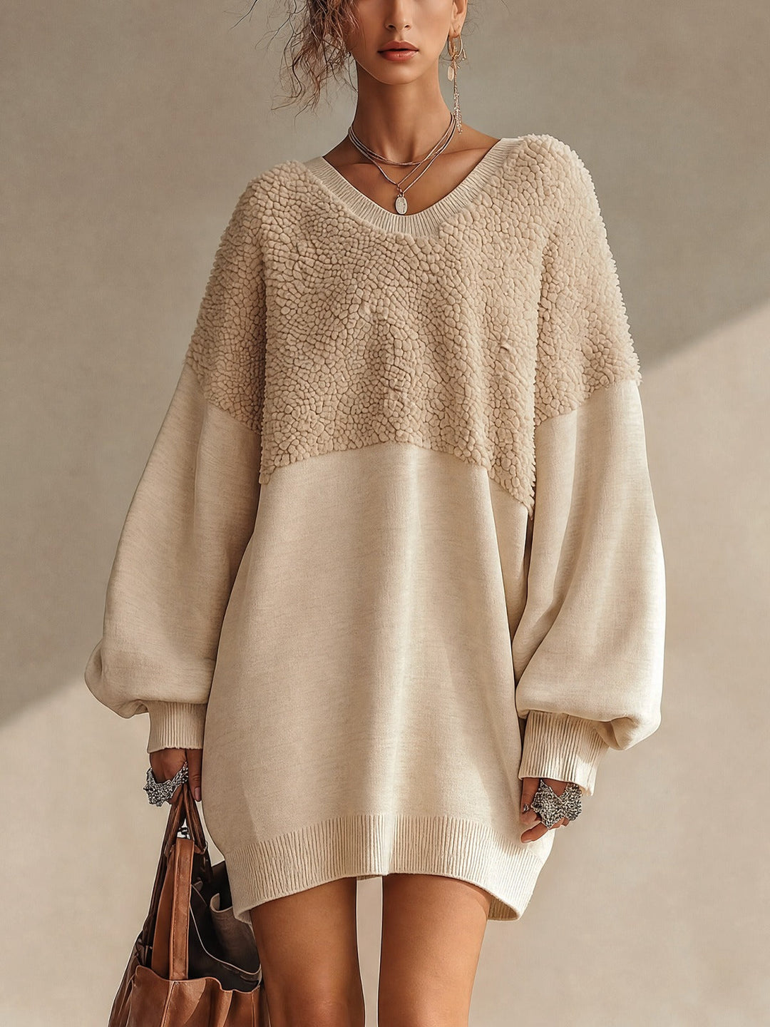 Beige V-neck oversized mini dress with fleece paneling