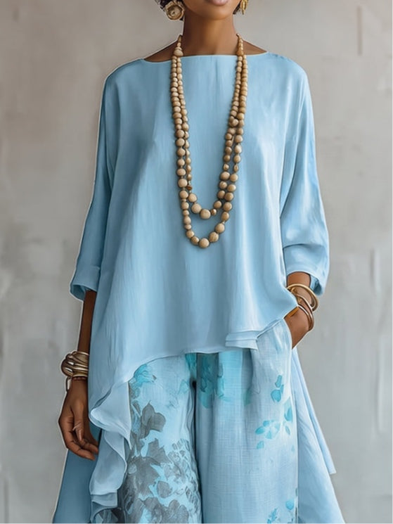 Isabella | Asymmetrical Chiffon Top with Wide-Leg Floral Print Pants