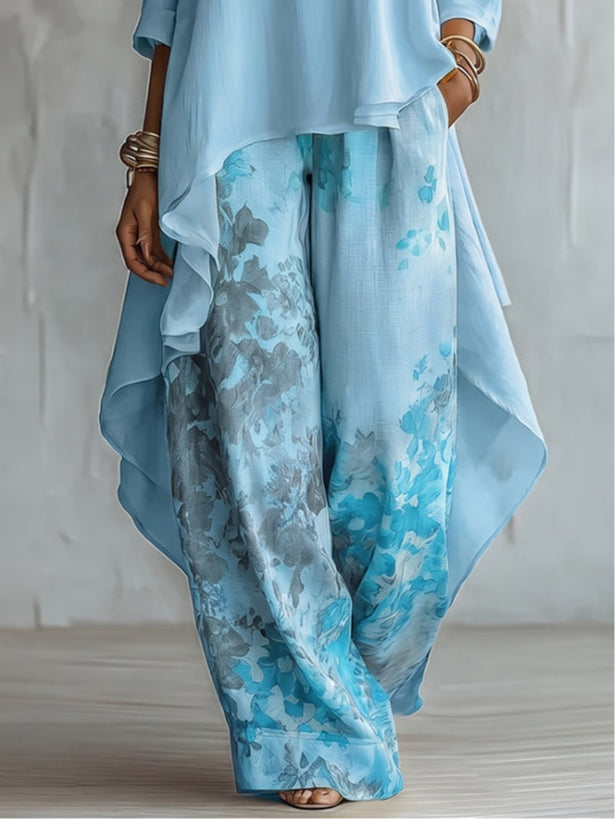 Isabella | Asymmetrical Chiffon Top & Wide-Leg Floral Print Pants
