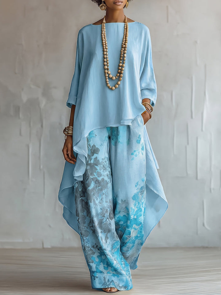 Isabella | Asymmetrical Chiffon Top & Wide-Leg Floral Print Pants