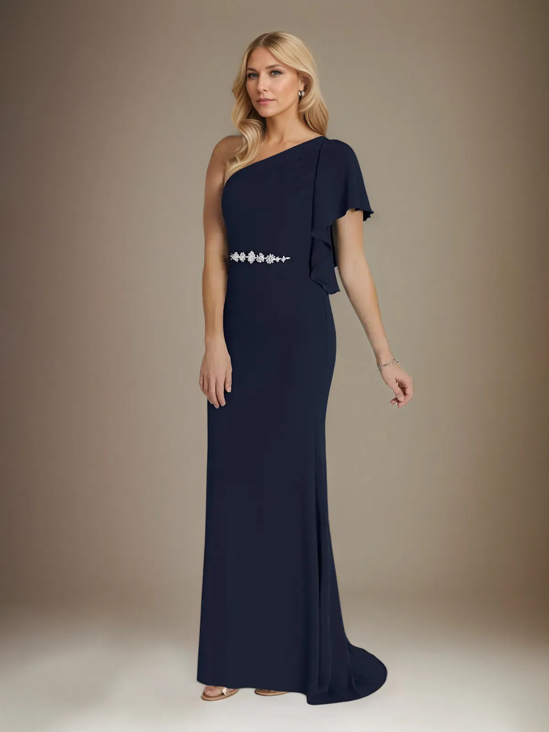 Trumpet/Mermaid Stretch Crepe One Shoulder Short Sleeves Floor Length Dress With Ruffles