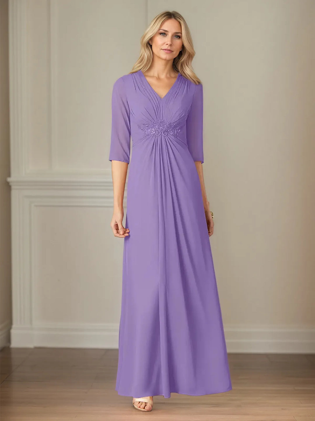 V-Neck A-Line Chiffon Dress with 3/4 Sleeves and Floor-Length Hem
