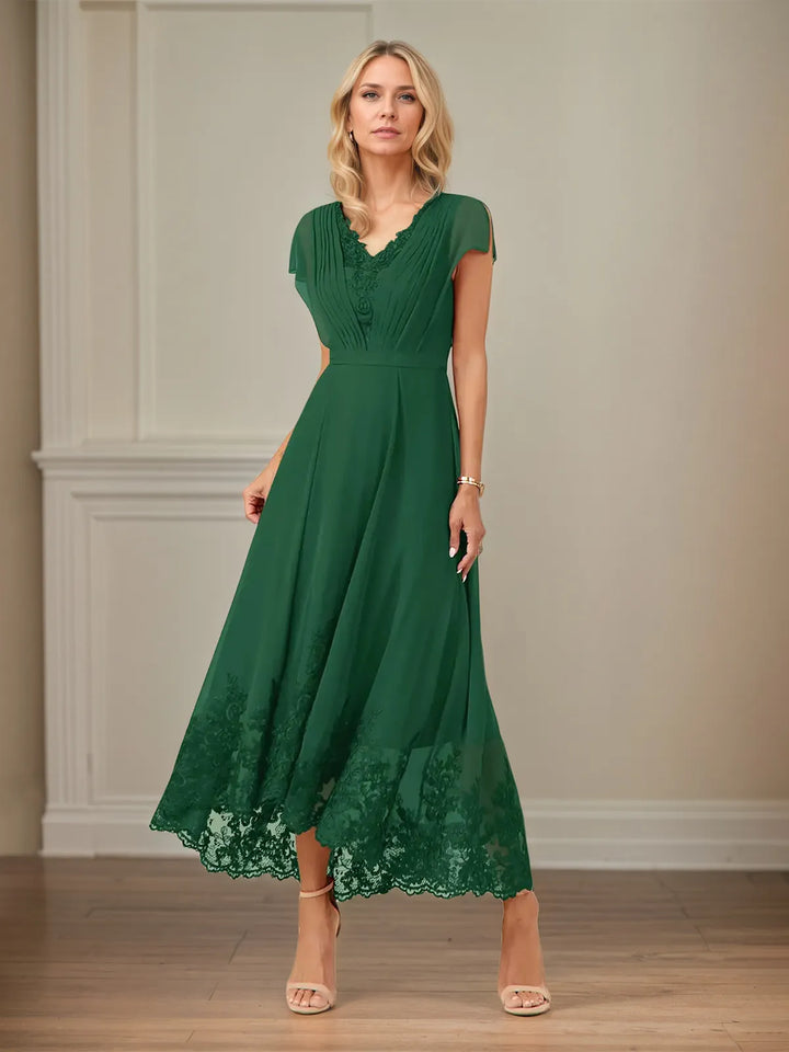 A-Line V-Neck Flutter Sleeve Chiffon Dress with Appliques and Ankle Length