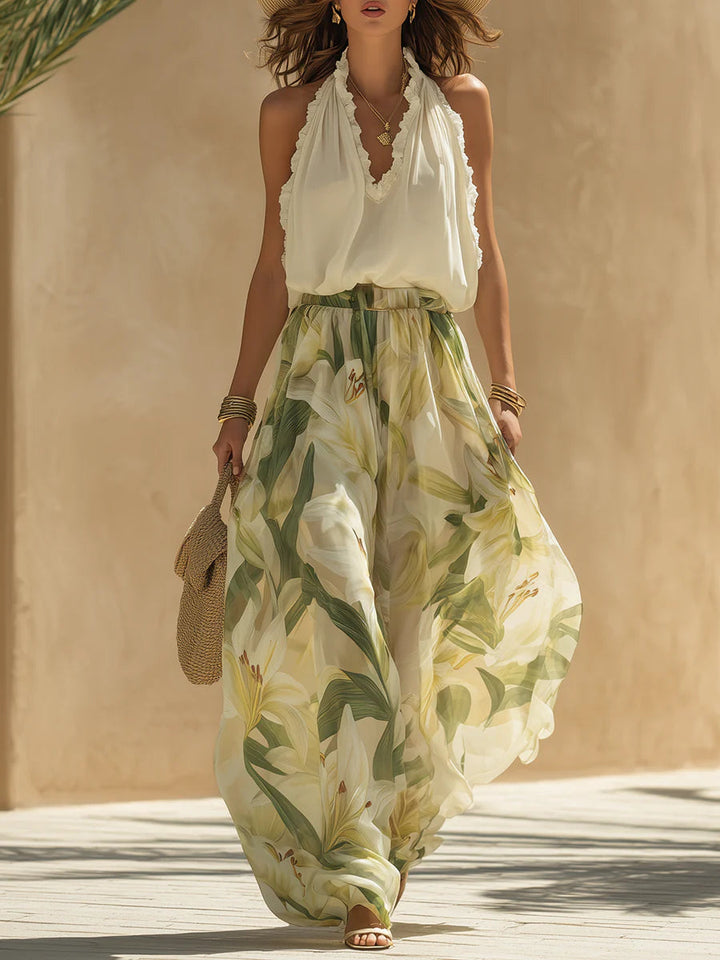 Camille Ruffled Sleeveless Chiffon Top Set with Lily Print Pants
