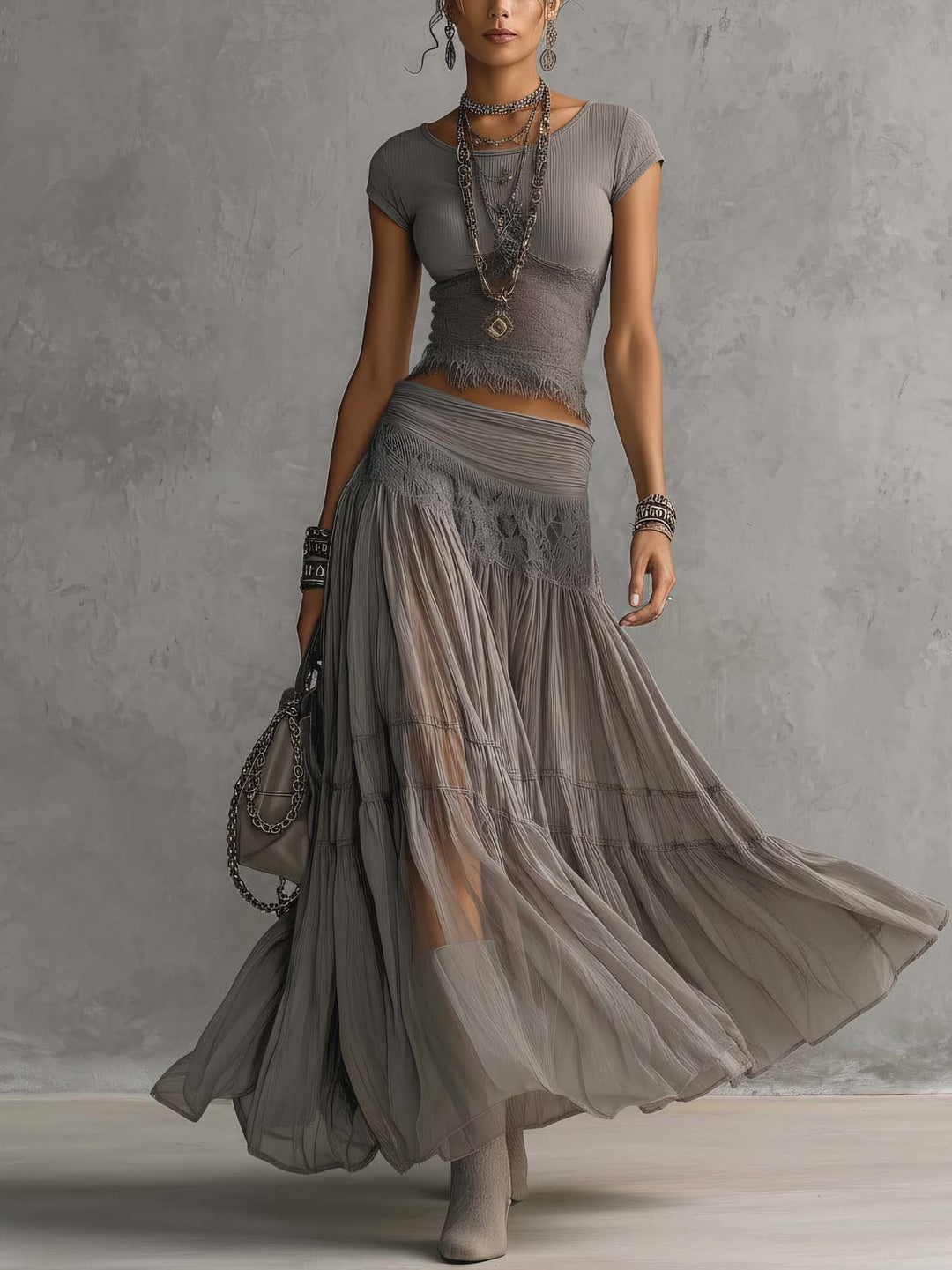 Simone | Sheer Lace Panel Top with Pleated Maxi Chiffon Skirt Set