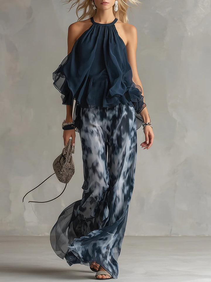 Imani | Chiffon Halter Top & Wide-Leg Printed Pants Set