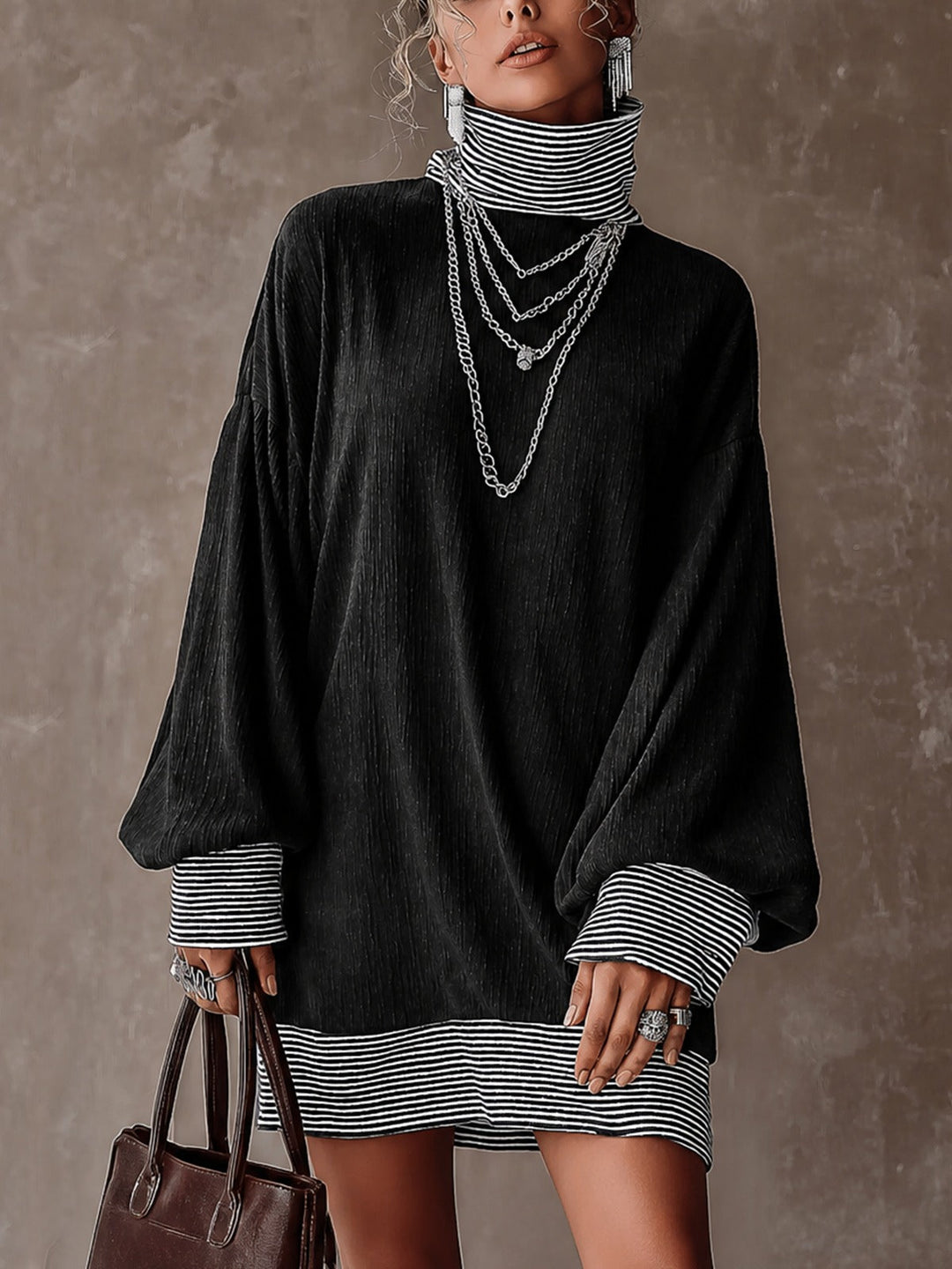 Black Striped Mock Neck Color‑Block Oversized Mini Dress