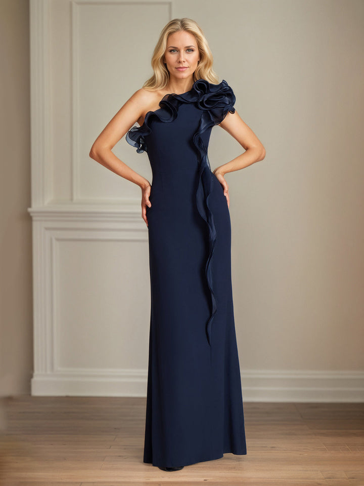 Navy Stretch Crepe One-Shoulder Sheath Dress with Ruffles – Floor-Length Mother of the Bride Gown