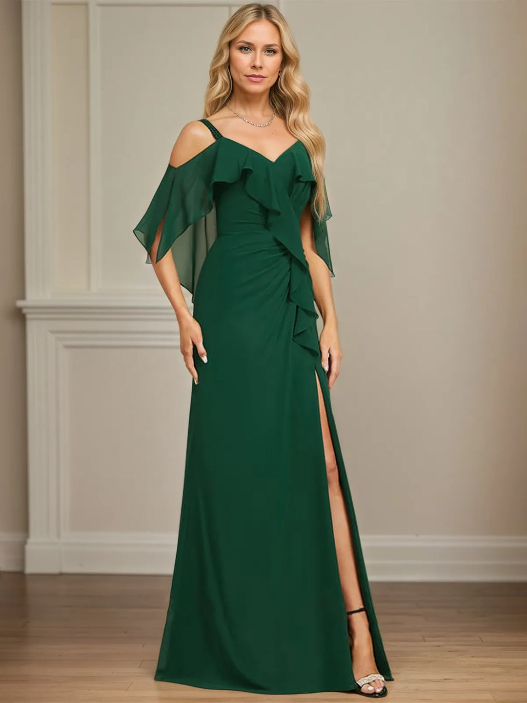 Sheath/Column Cold Shoulder V-Neck Floor-Length Chiffon Dress with Cascading Ruffles, Sequins, and Beading