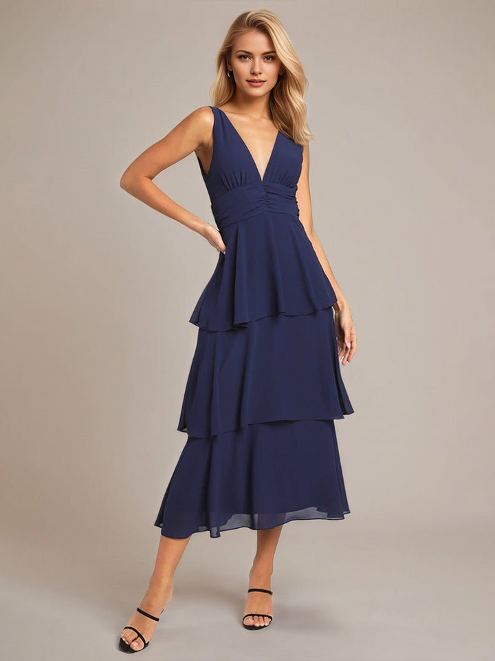 Navy A-Line Chiffon V-Neck Sleeveless Tea-Length Dress with Ruffles