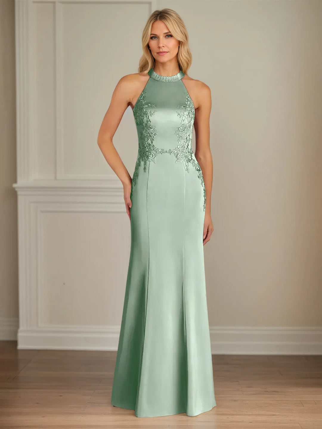 Mermaid Halter Neck Sleeveless Satin Dress with Pleats – Floor-Length Trumpet Style