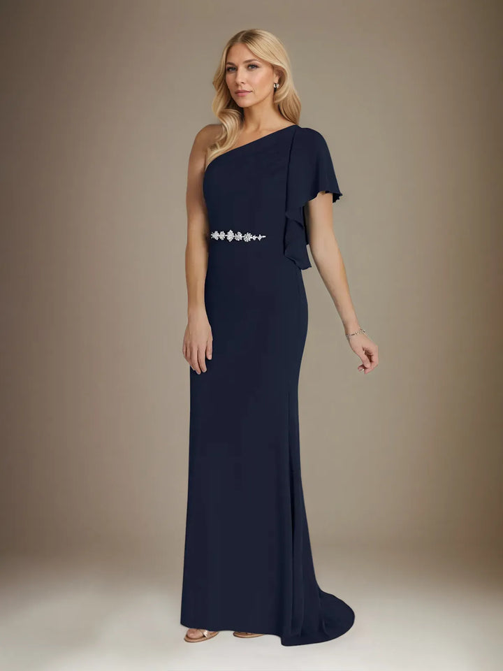 One-Shoulder Mermaid Stretch Crepe Dress with Short Sleeves, Ruffles, and Floor-Length Design