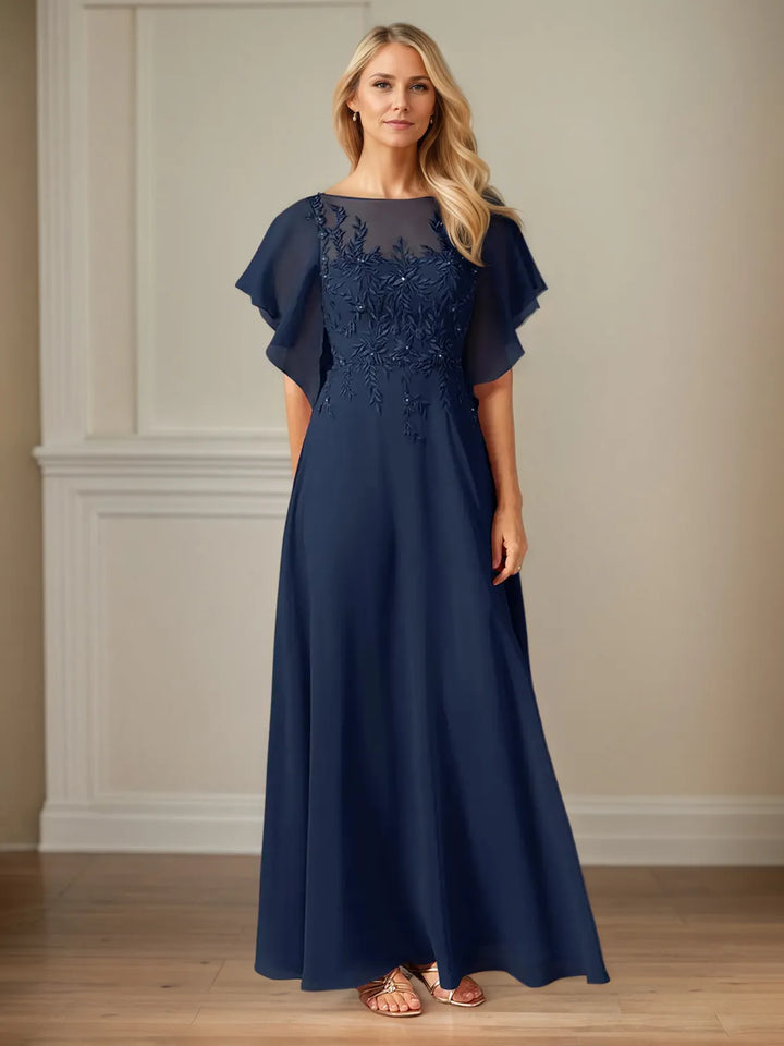 Chiffon A-Line Boat Neck Flutter Sleeve Floor-Length Dress