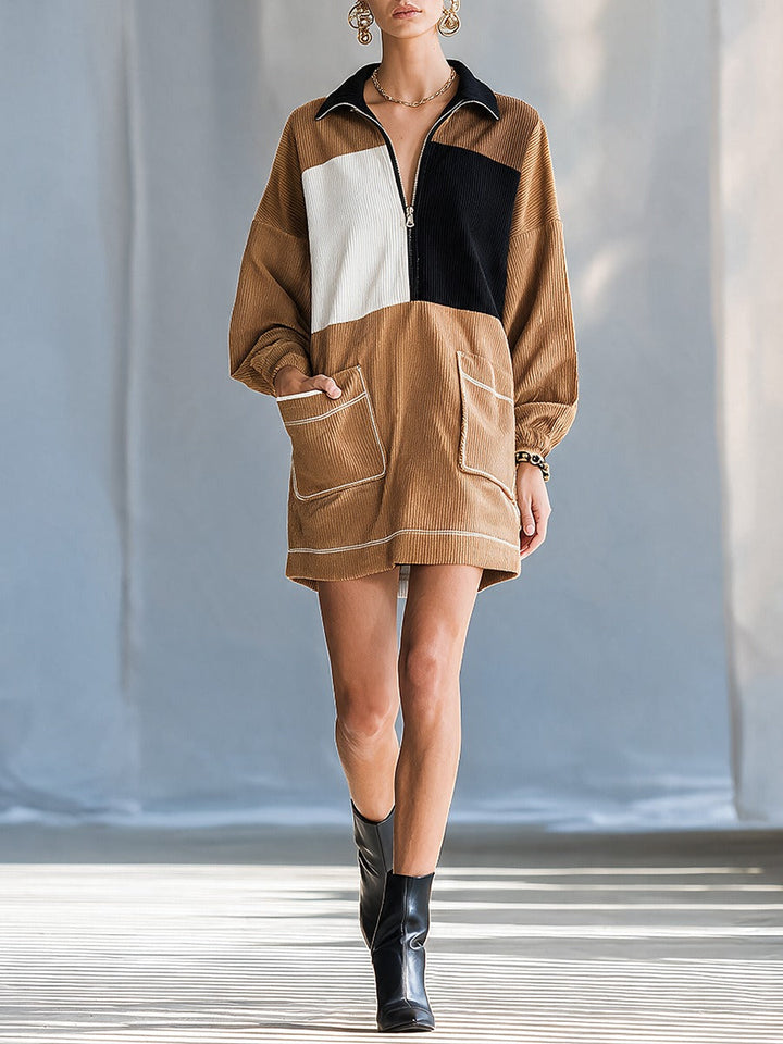 Collared Half-Zip Color-Block Long-Sleeve Corduroy Mini Dress