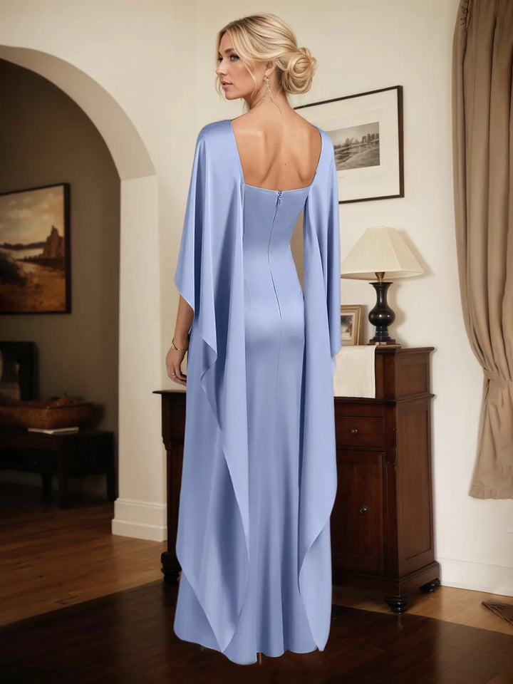Floor-Length Sheath Dress with Crepe Fabric, Boat Neck, and Cape Sleeves