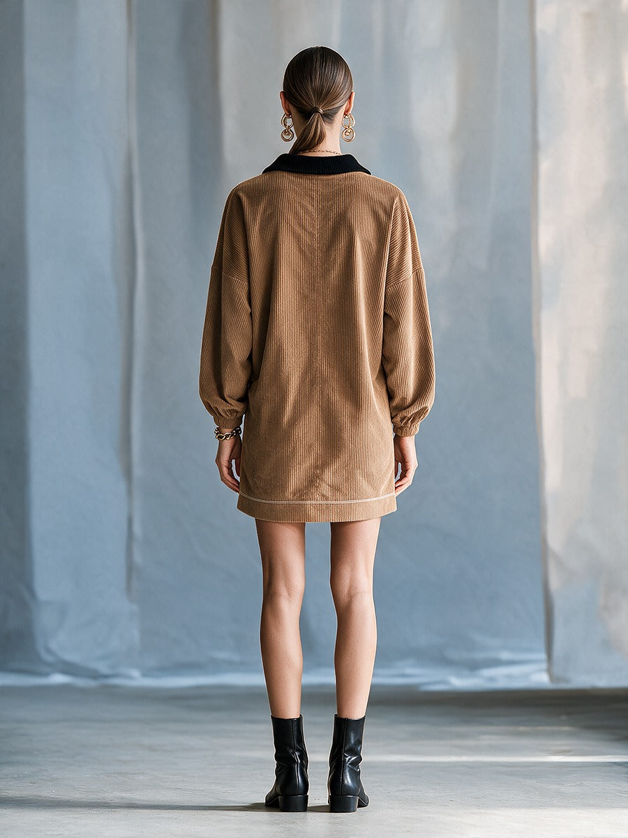 Collared Half-Zip Color-Block Long-Sleeve Corduroy Mini Dress