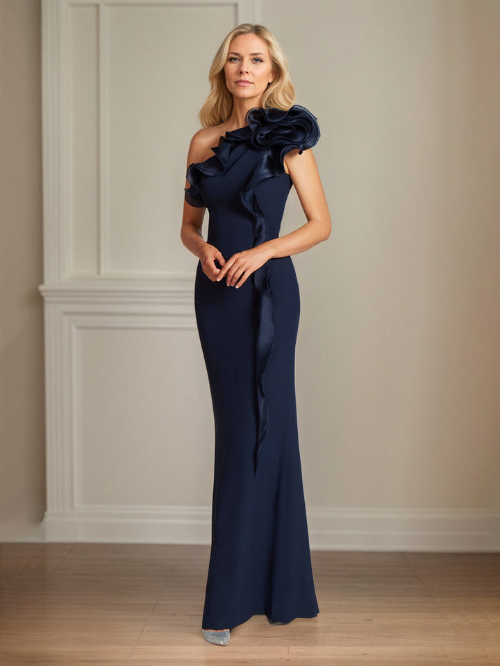 Navy Stretch Crepe One-Shoulder Sheath Dress with Ruffles – Floor-Length Mother of the Bride Gown