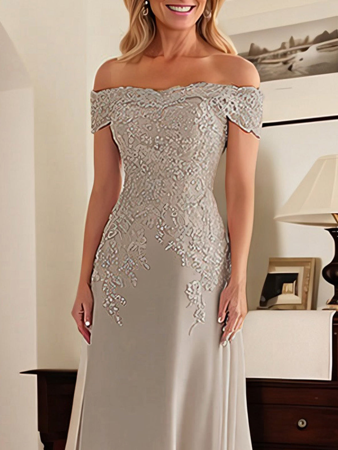 Elegant Taupe Off-the-Shoulder Lace Sheath Dress for Mother of the Bride