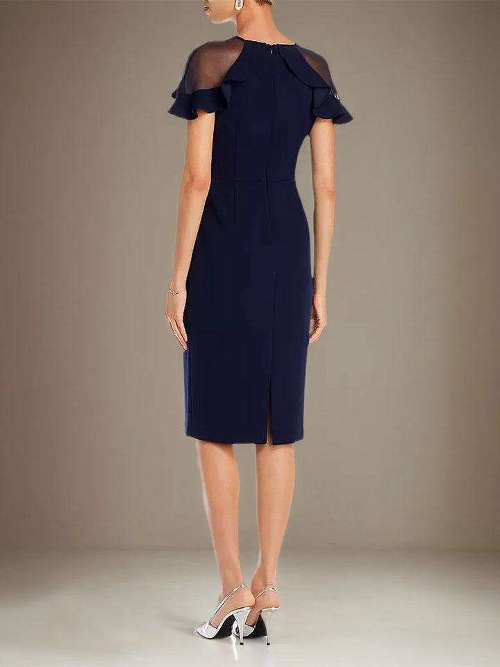 Sheath Dress with Column Stretch Crepe, Scoop Neck, Short Sleeves, Knee Length