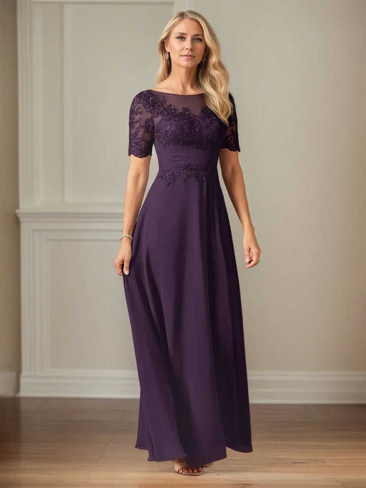 A-Line Chiffon Scoop Neck Short Sleeve Floor-Length Dress
