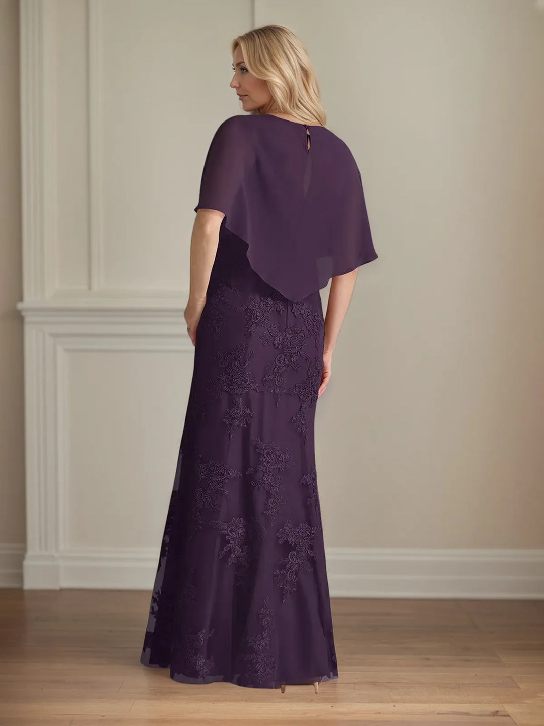 Mermaid Chiffon Floor-Length Dress with Scoop Neck and Cape Sleeves