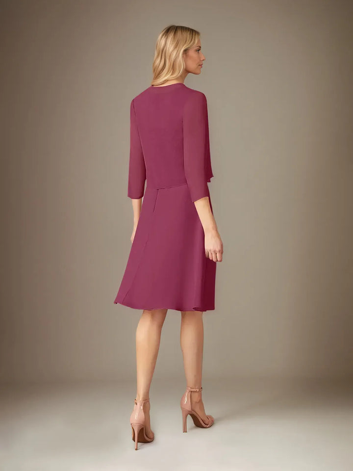 A-Line Chiffon Scoop Neck Dress with 3/4 Sleeves and Knee-Length Hem