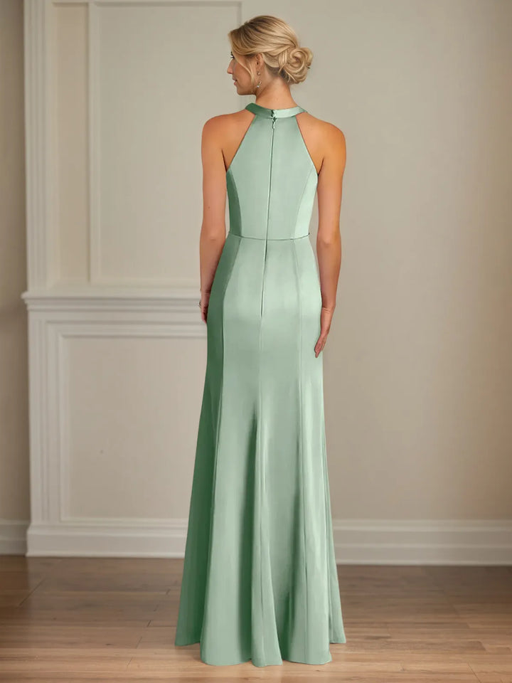 Mermaid Halter Neck Sleeveless Satin Dress with Pleats – Floor-Length Trumpet Style