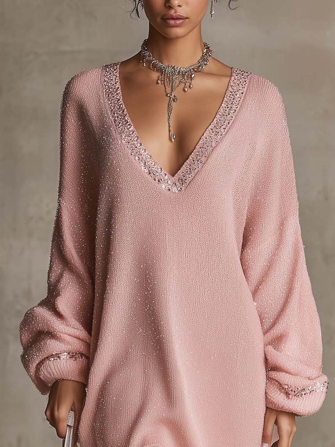 Pink Shimmer Mini Dress With Sequin Trim And Fringe Hem