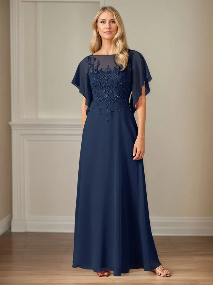 Chiffon A-Line Boat Neck Flutter Sleeve Floor-Length Dress