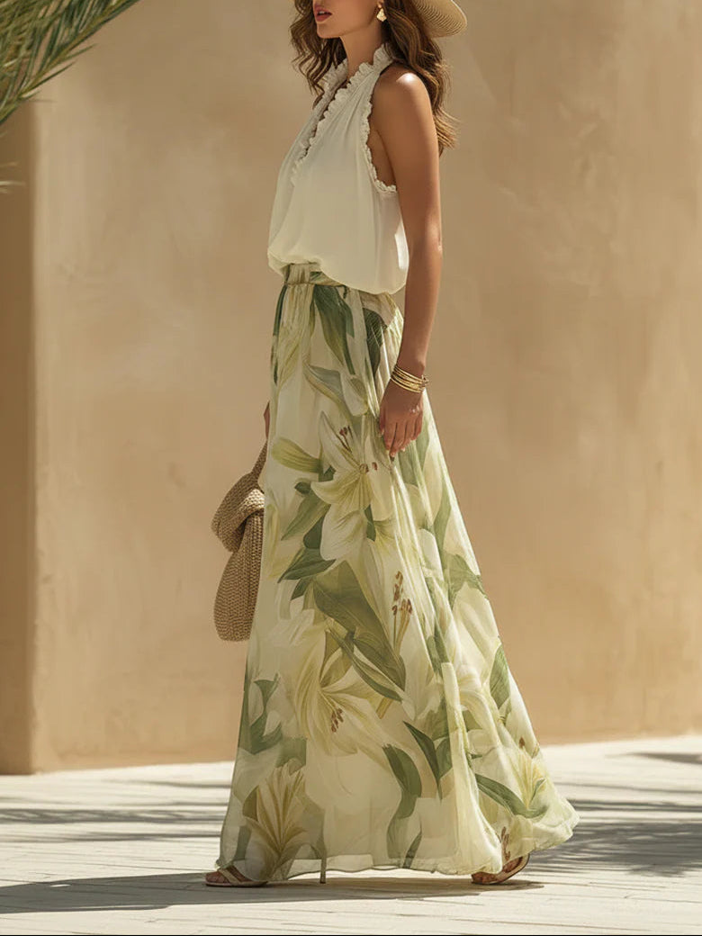 Camille Ruffled Sleeveless Chiffon Top & Lily Print Pants Set