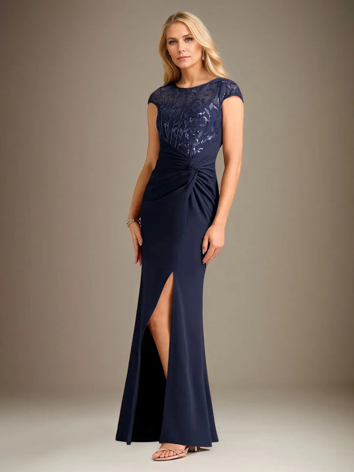 Mermaid-Style Stretch Crepe Dress with Scoop Neck, Cape Sleeves, and Floor-Length Design