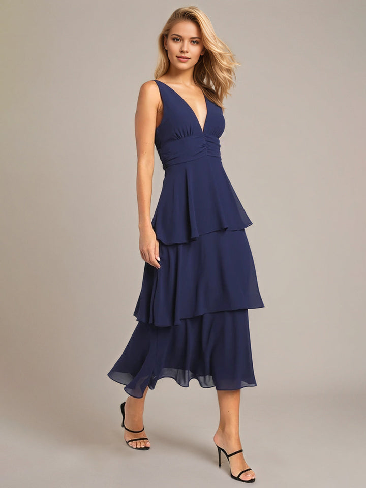 Navy A-Line Chiffon V-Neck Sleeveless Tea-Length Dress with Ruffles