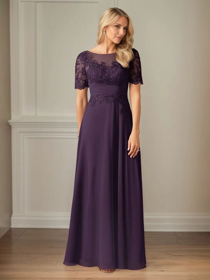 A-Line Chiffon Scoop Neck Short Sleeve Floor-Length Dress