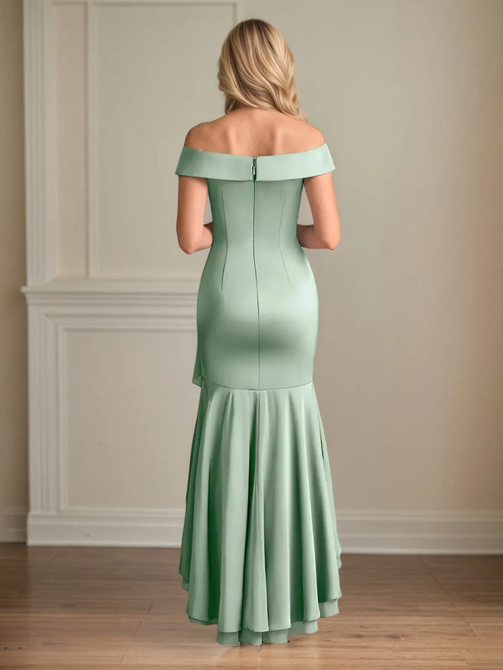Sheath/Column Satin Off The Shoulder Sleeveless Asymmetrical Dress