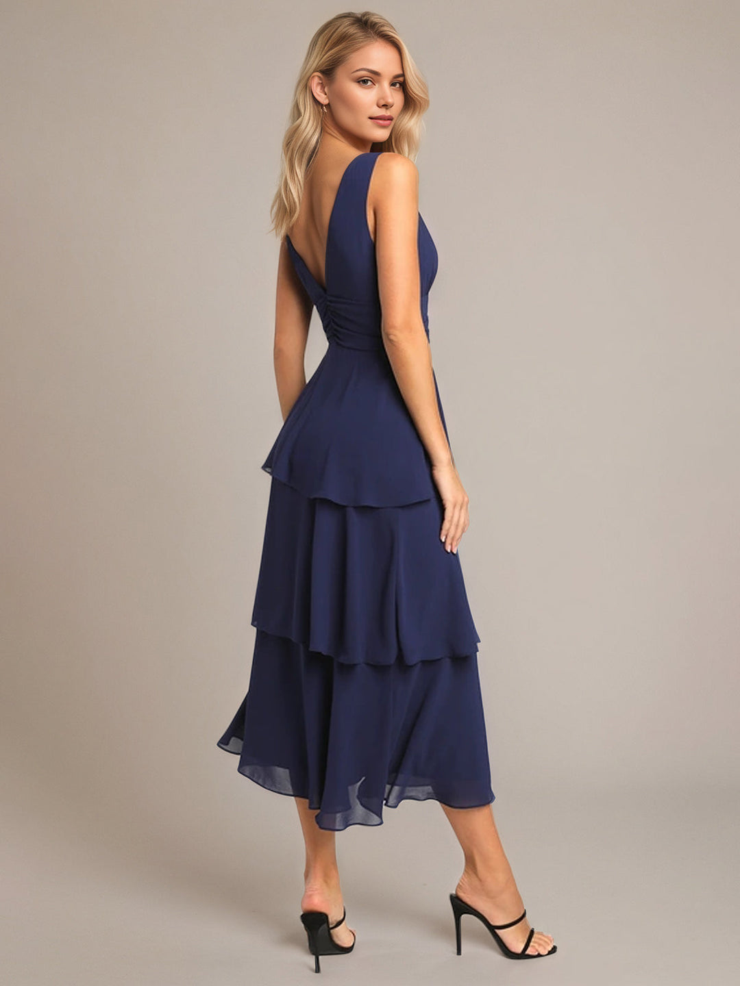 Navy A-Line Chiffon V-Neck Sleeveless Tea-Length Dress with Ruffles