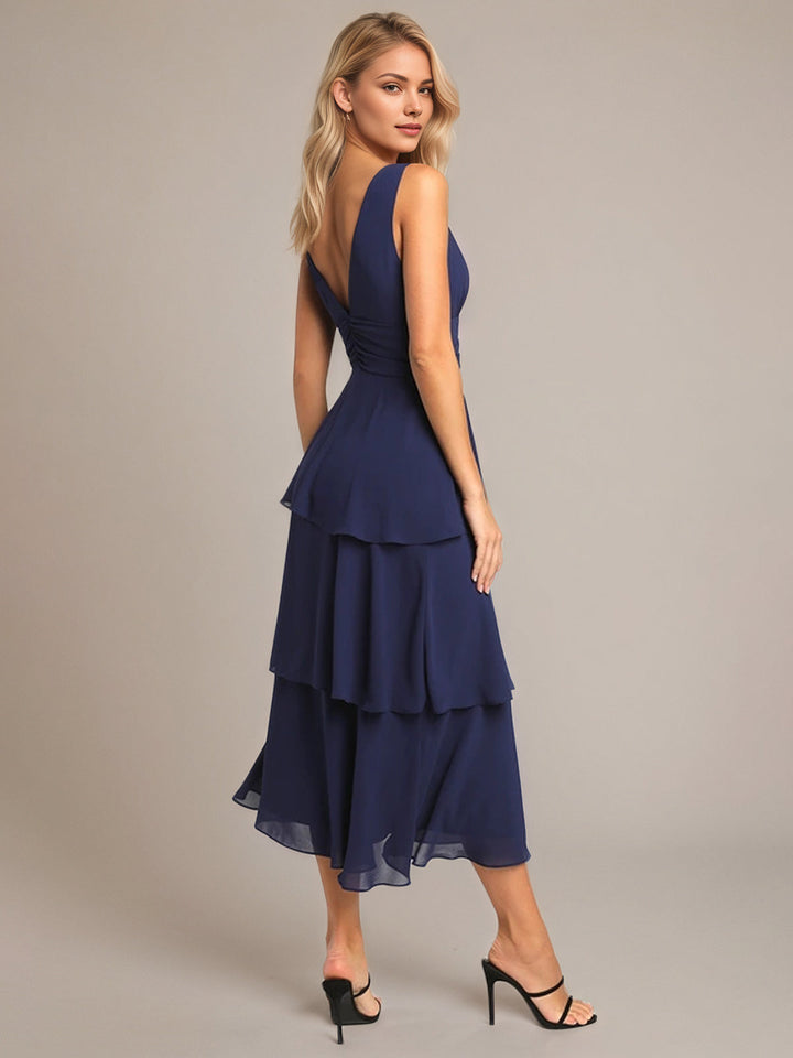 Navy A-Line Chiffon V-Neck Sleeveless Tea-Length Dress with Ruffles