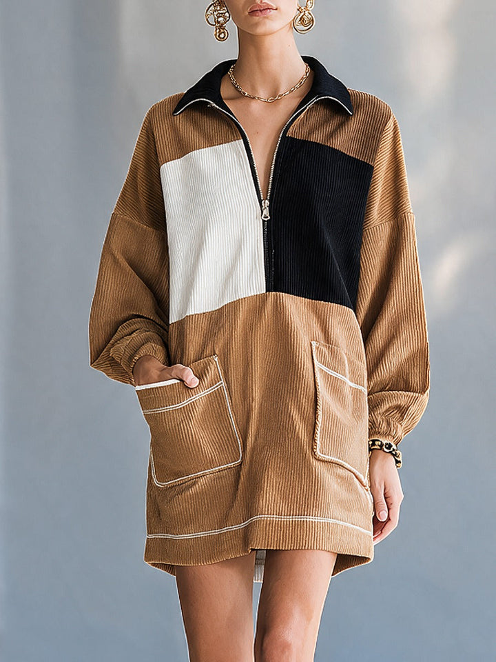 Collared Half-Zip Color-Block Long-Sleeve Corduroy Mini Dress