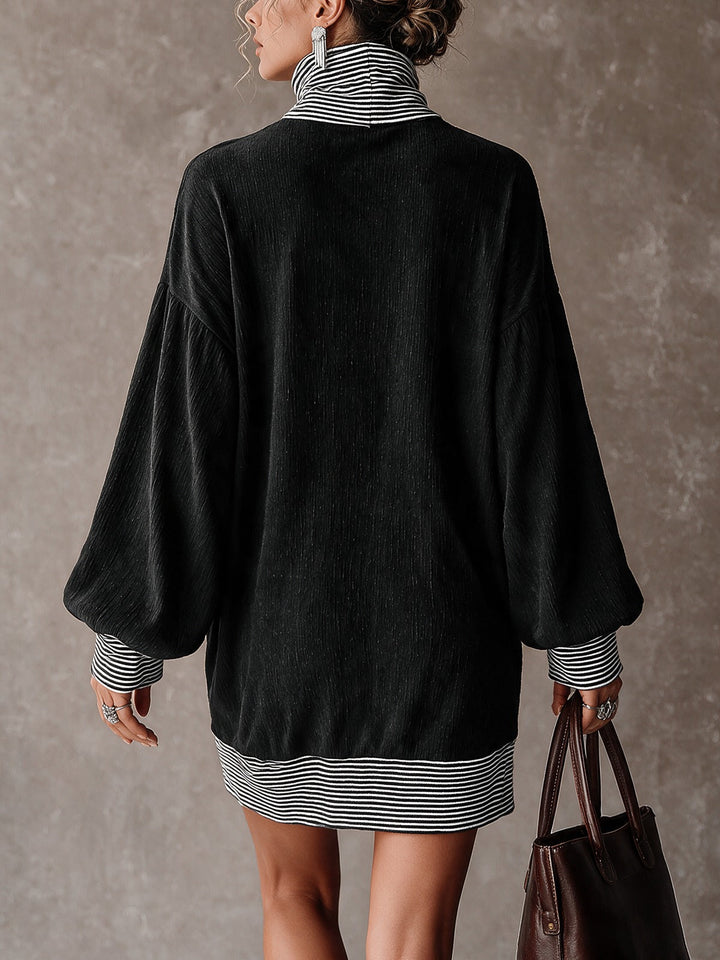 Black Striped Mock Neck Color‑Block Oversized Mini Dress