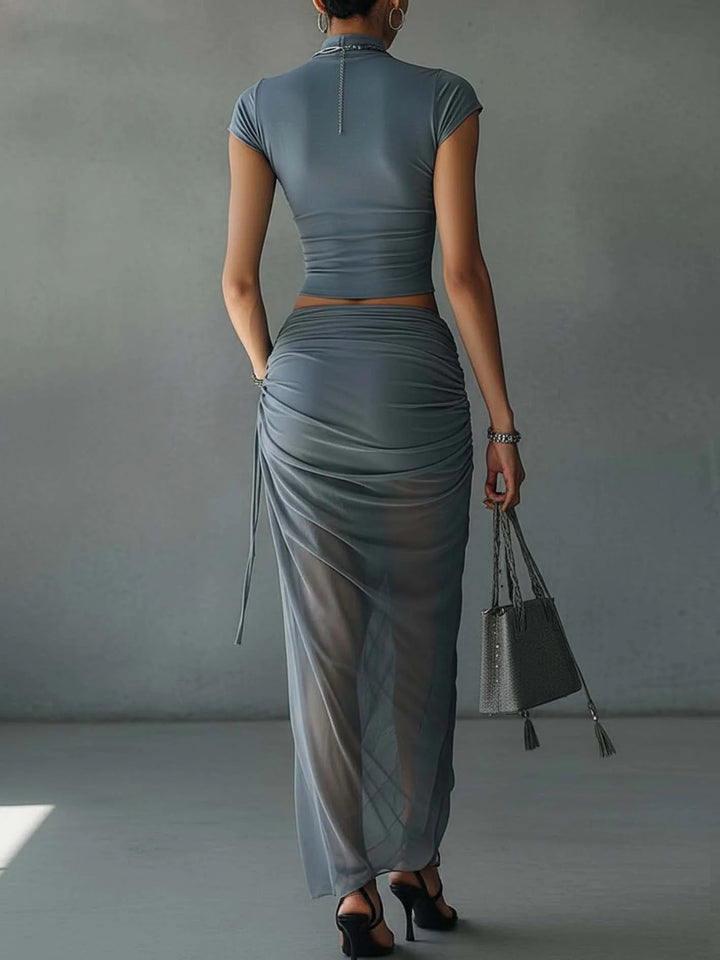Jasmine | Ensemble Top Court et Jupe Drapée en Mesh Transparent
