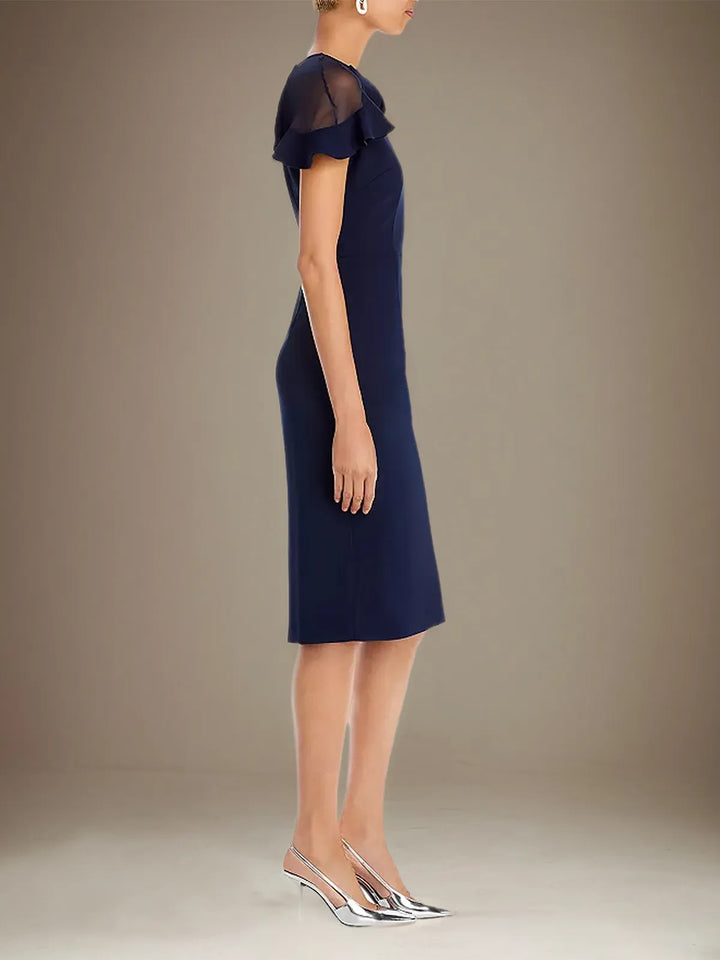 Sheath Dress with Column Stretch Crepe, Scoop Neck, Short Sleeves, Knee Length