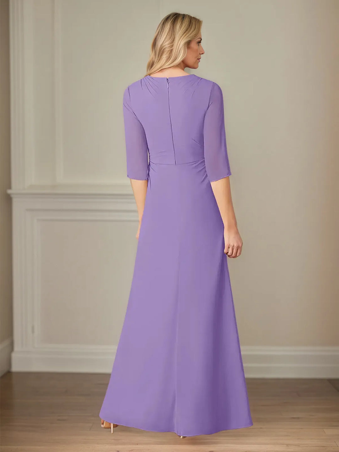 V-Neck A-Line Chiffon Dress with 3/4 Sleeves and Floor-Length Hem