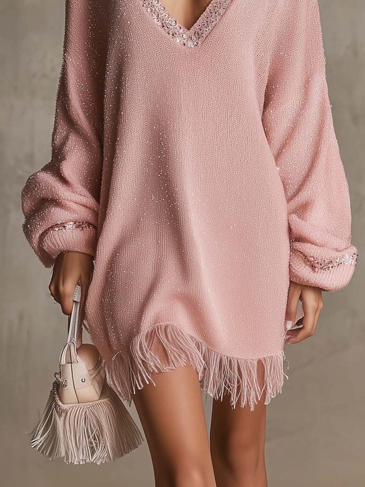 Pink Shimmer Mini Dress With Sequin Trim And Fringe Hem
