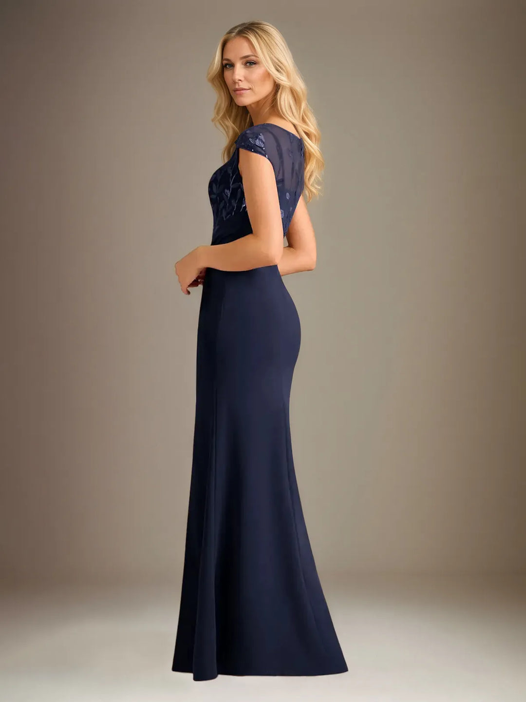 Mermaid-Style Stretch Crepe Dress with Scoop Neck, Cape Sleeves, and Floor-Length Design