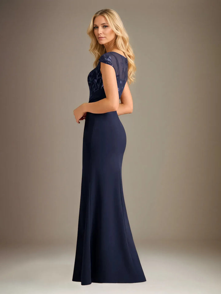 Mermaid-Style Stretch Crepe Dress with Scoop Neck, Cape Sleeves, and Floor-Length Design