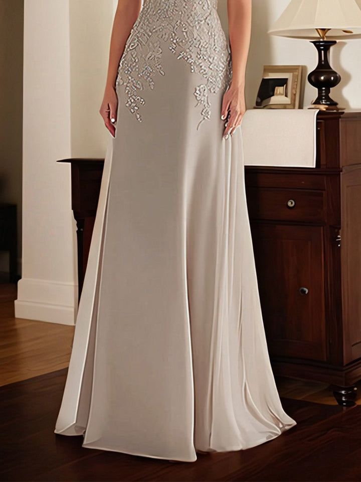 Elegant Taupe Off-the-Shoulder Lace Sheath Dress for Mother of the Bride