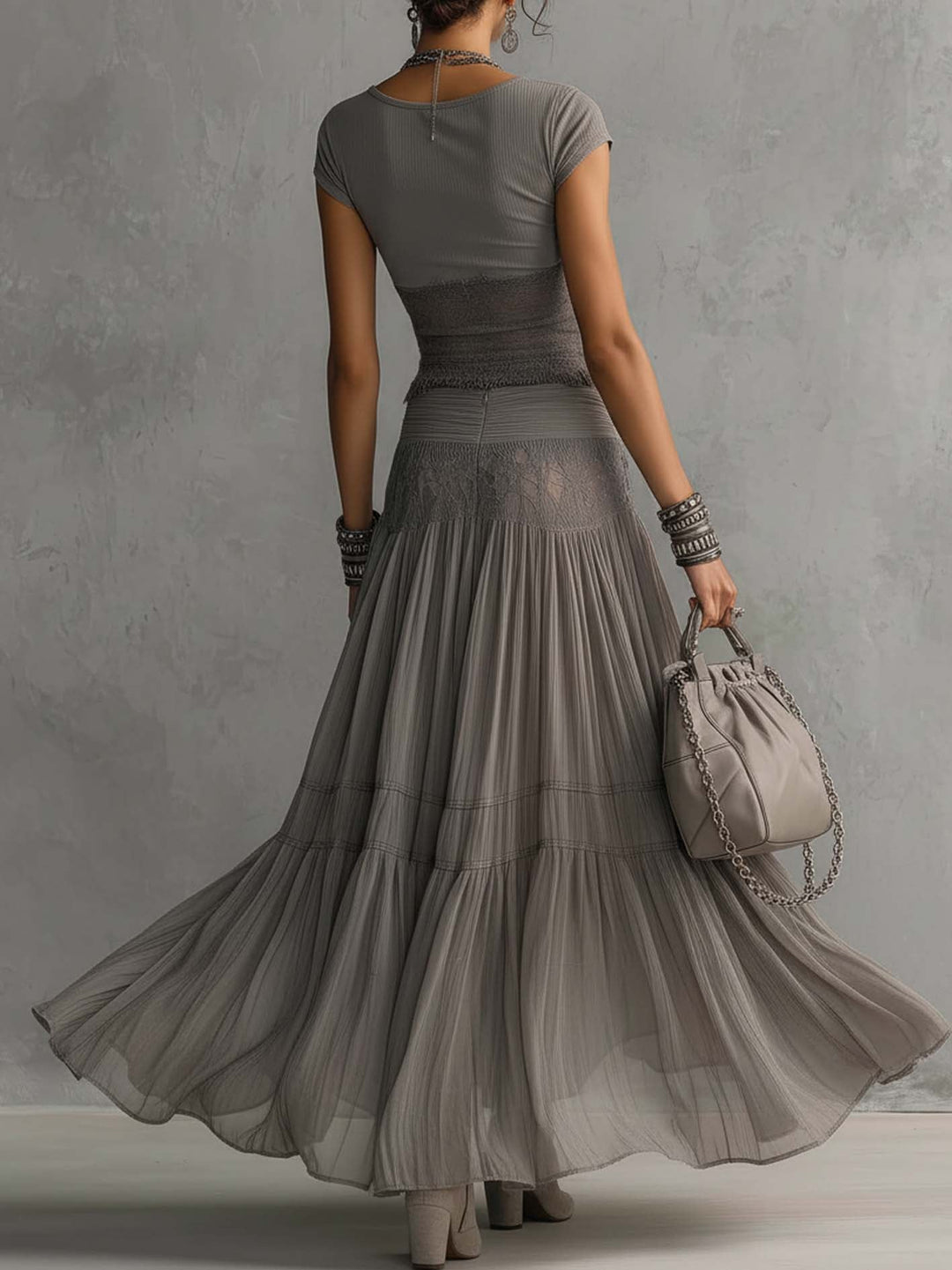Simone | Sheer Lace Panel Top with Pleated Maxi Chiffon Skirt Set