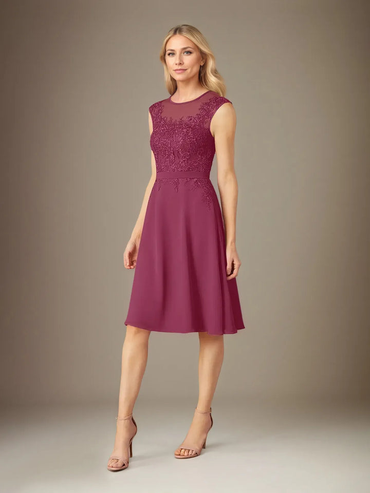 A-Line Chiffon Scoop Neck Dress with 3/4 Sleeves and Knee-Length Hem