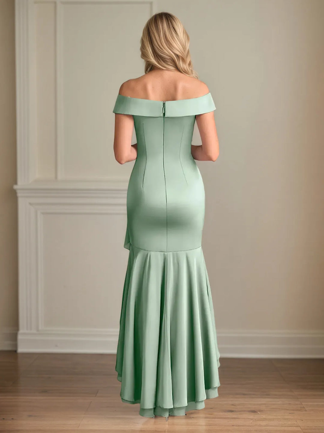 Off-the-Shoulder Satin Sheath Dress with Asymmetrical Hem and Sleeveless Design