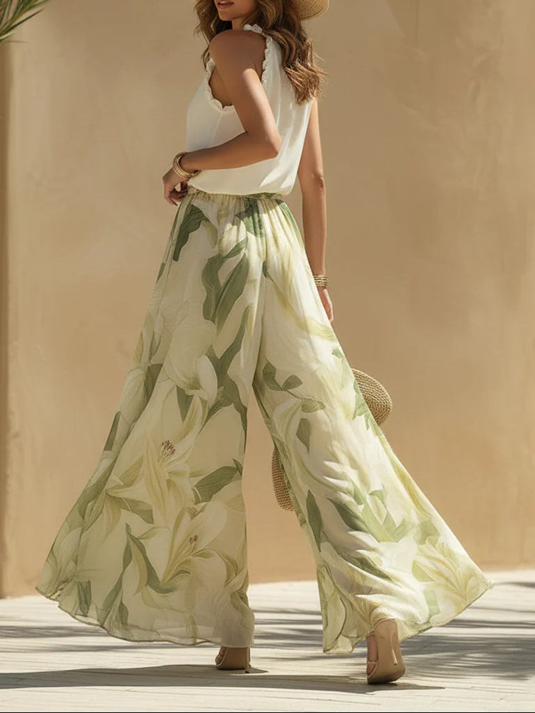 Festive Ensemble Top with Ruffles in Sleeveless Muslin & Printed Lily Pants